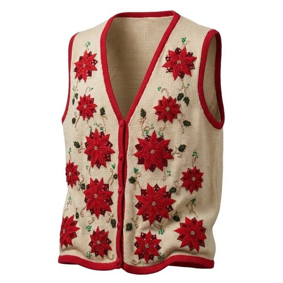 Vintage Bobbie Brooks Christmas Poinsettia Vest XL 16/18 Ramie Cotton Y2K 90s - Picture 4 of 12